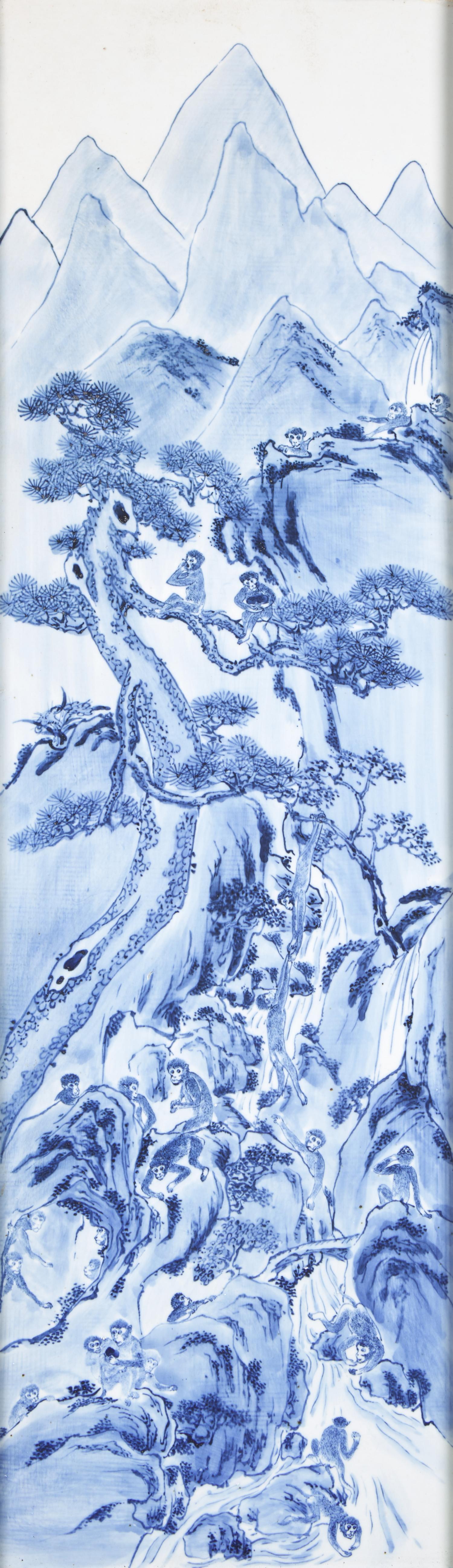 A Set of Four Chinese Blue and White Porcelain Wall Plaques 青花山水圖四條屏