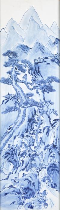A Set of Four Chinese Blue and White Porcelain Wall Plaques 青花山水圖四條屏