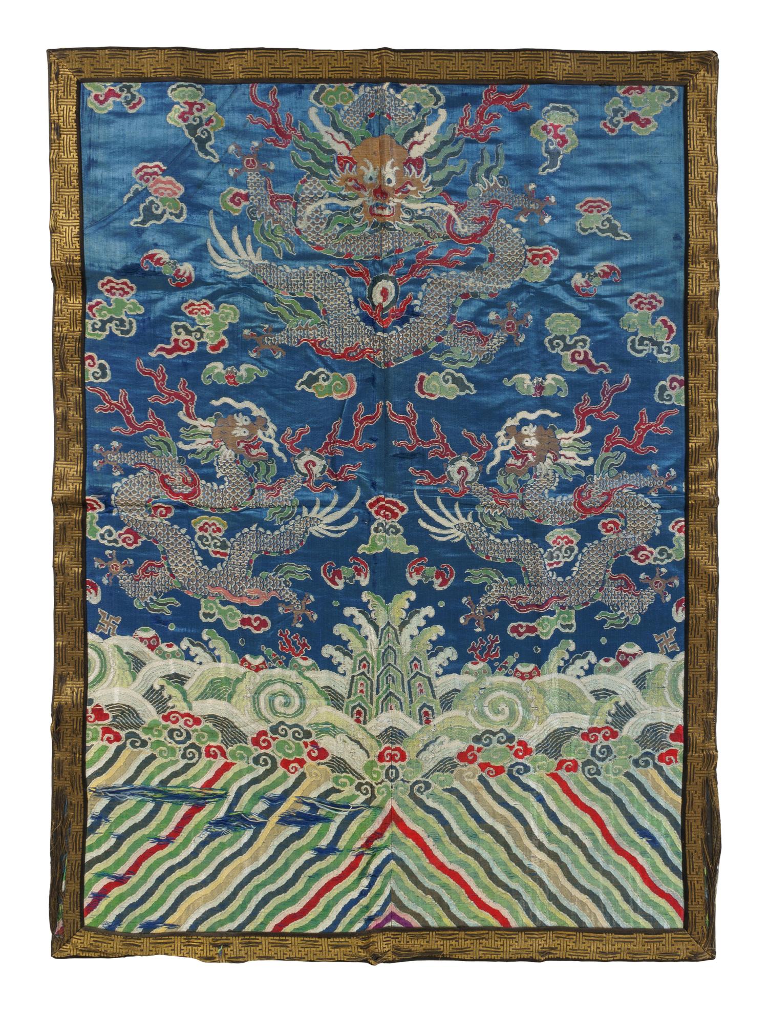 Two Embroidered and Woven Silk 'Dragon' Panels