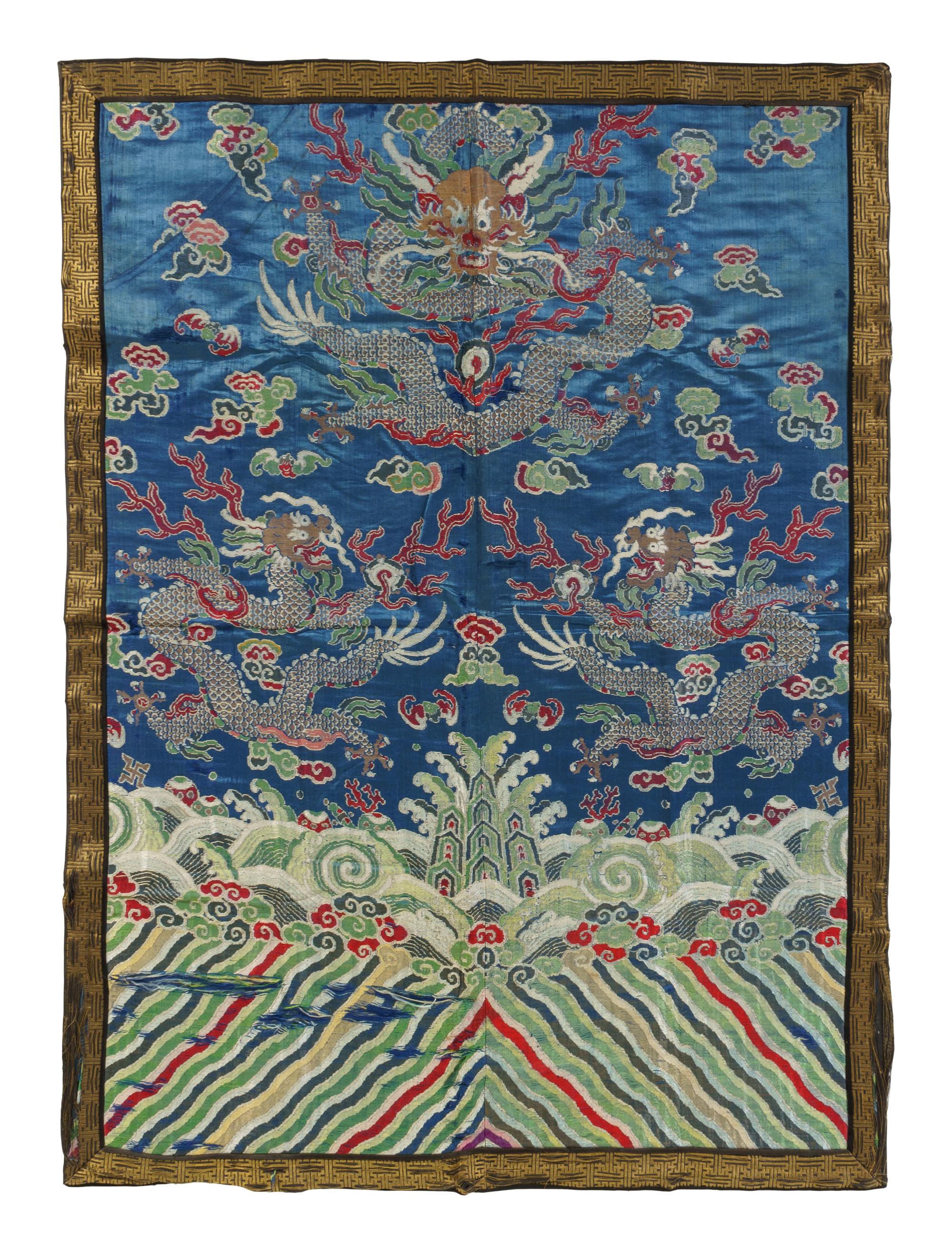 Two Embroidered and Woven Silk 'Dragon' Panels