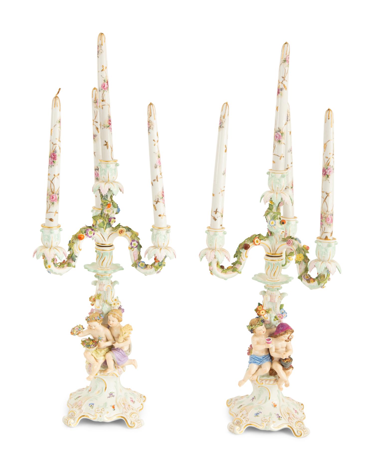 A Pair of Meissen Porcelain Figural Four Light Candelabra