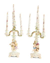 A Pair of Meissen Porcelain Figural Four Light Candelabra