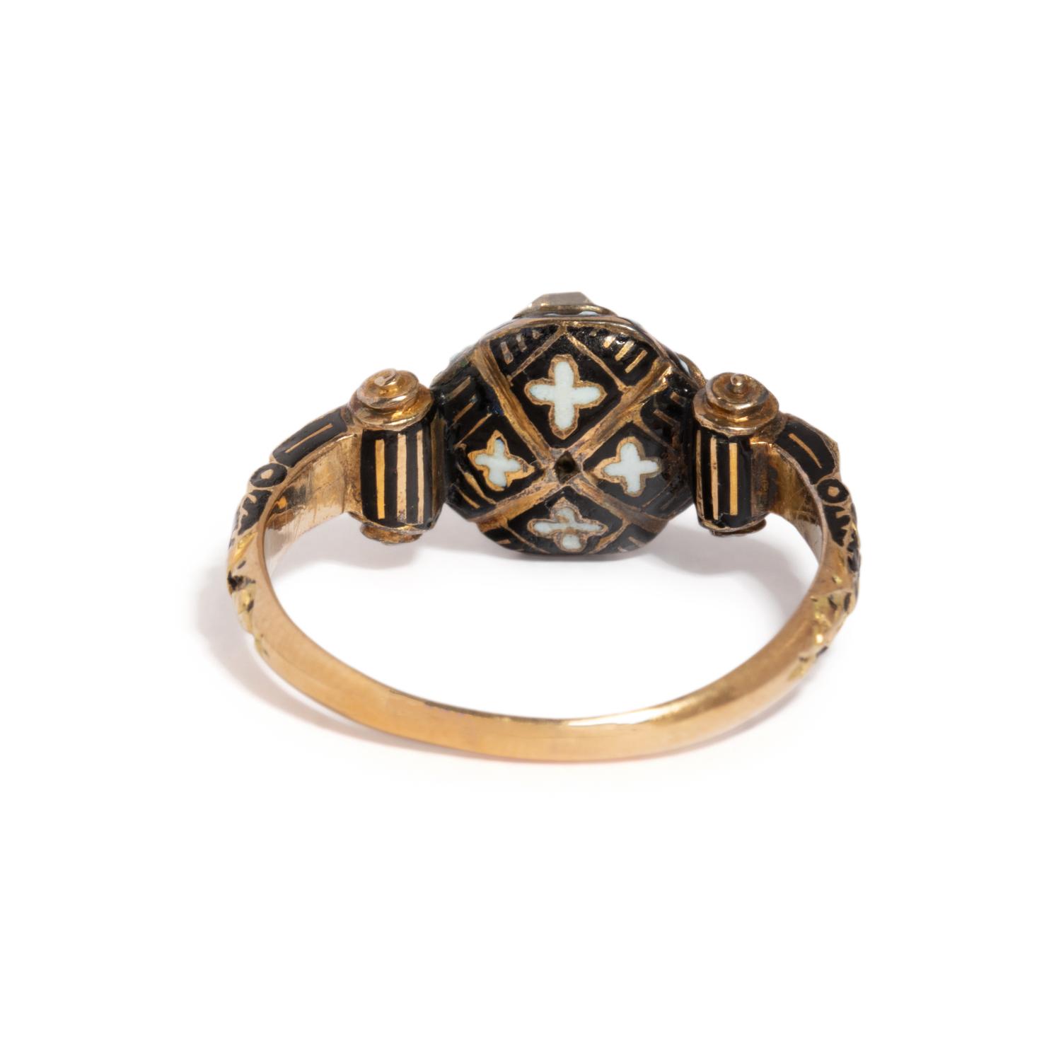 RENAISSANCE REVIVAL, YELLOW GOLD, DIAMOND, AND ENAMEL RING