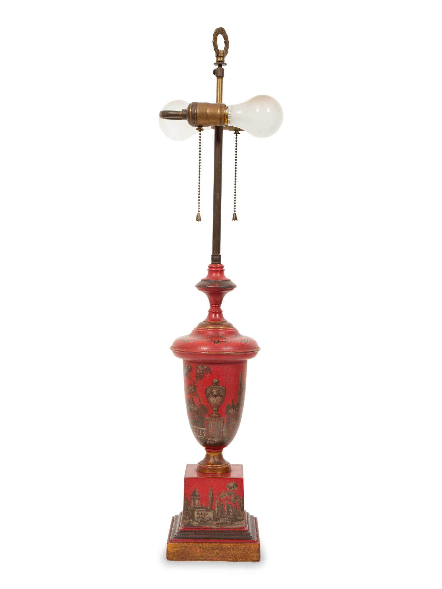 A Regency Style Red Tole Table Lamp with Silver/Gilt Decoration