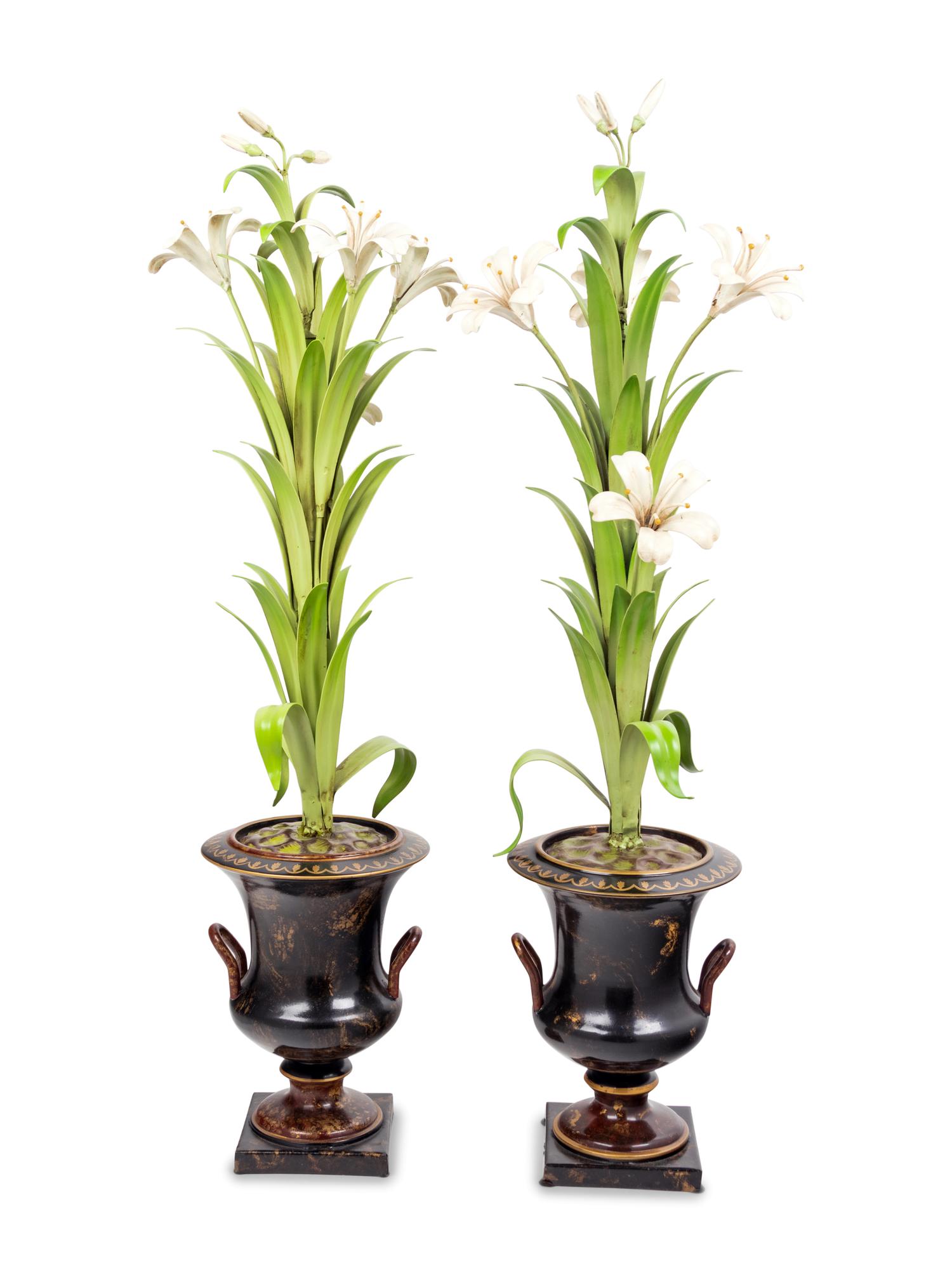 A Pair of Tôle Models of Lilies in Campagna Urns