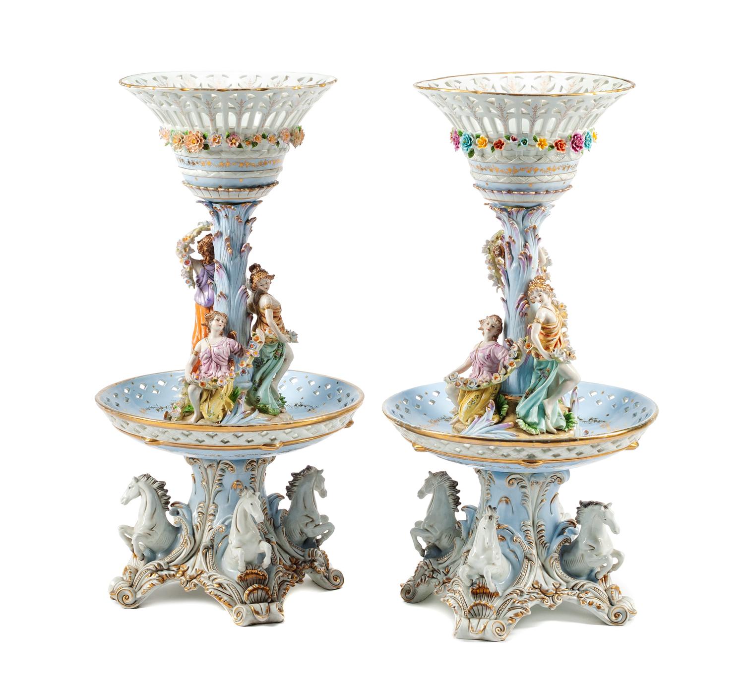 A Pair of Monumental German Porcelain Figural Centerpieces