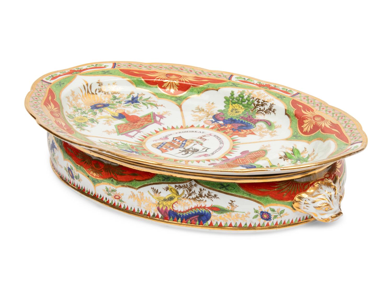 A Chamberlain Worcester Dragons in Compartments Porcelain Well-and-Tree Meat Platter and Chafing Dish