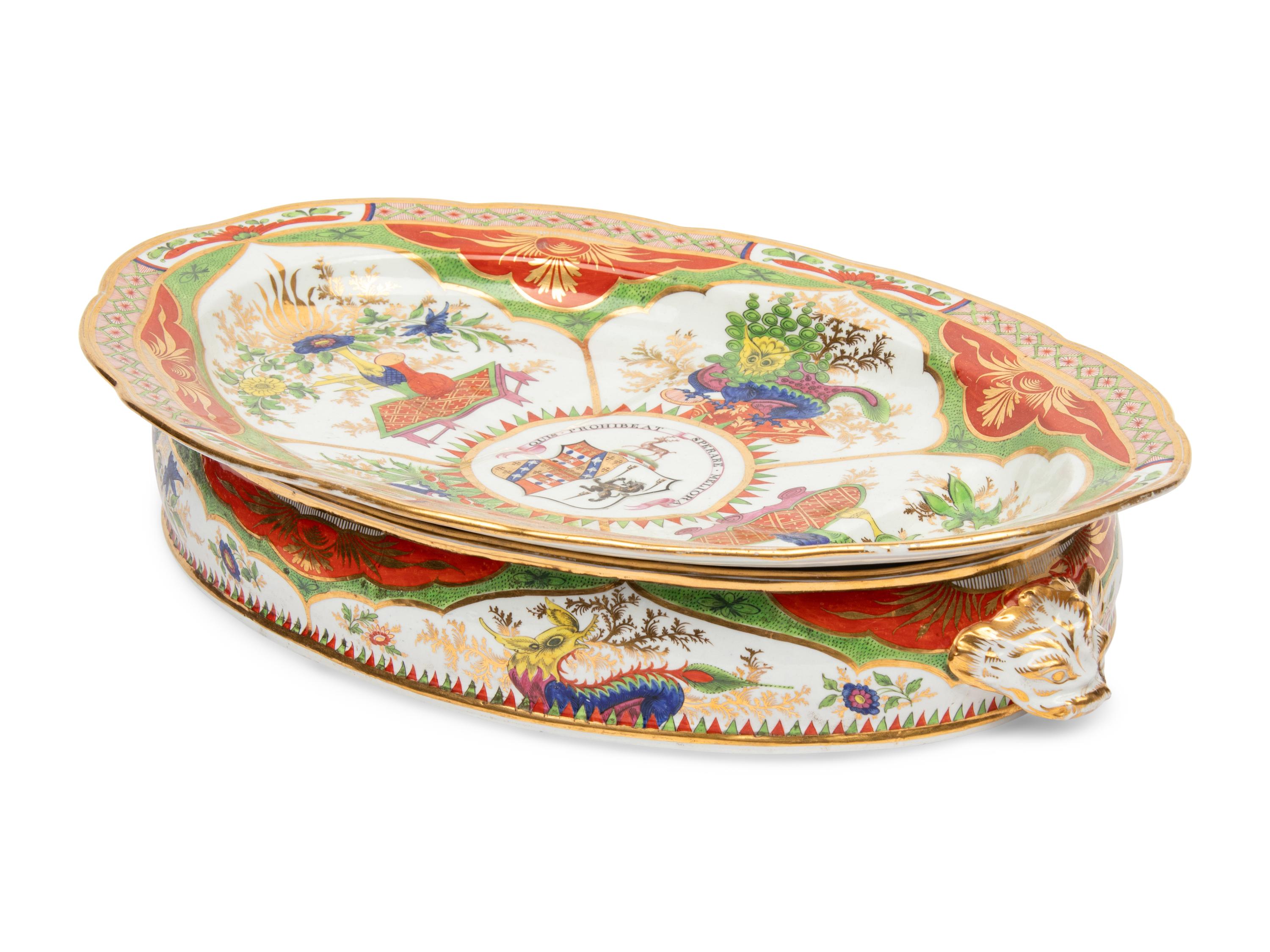 A Chamberlain Worcester Dragons in Compartments Porcelain Well-and-Tree Meat Platter and Chafing Dish