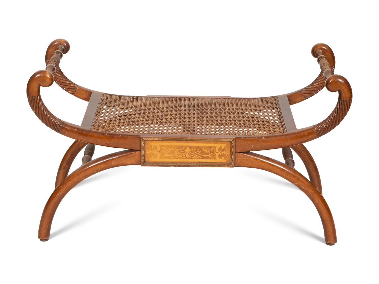 A Regency Style Mahogany and Marquetry Curule Bench