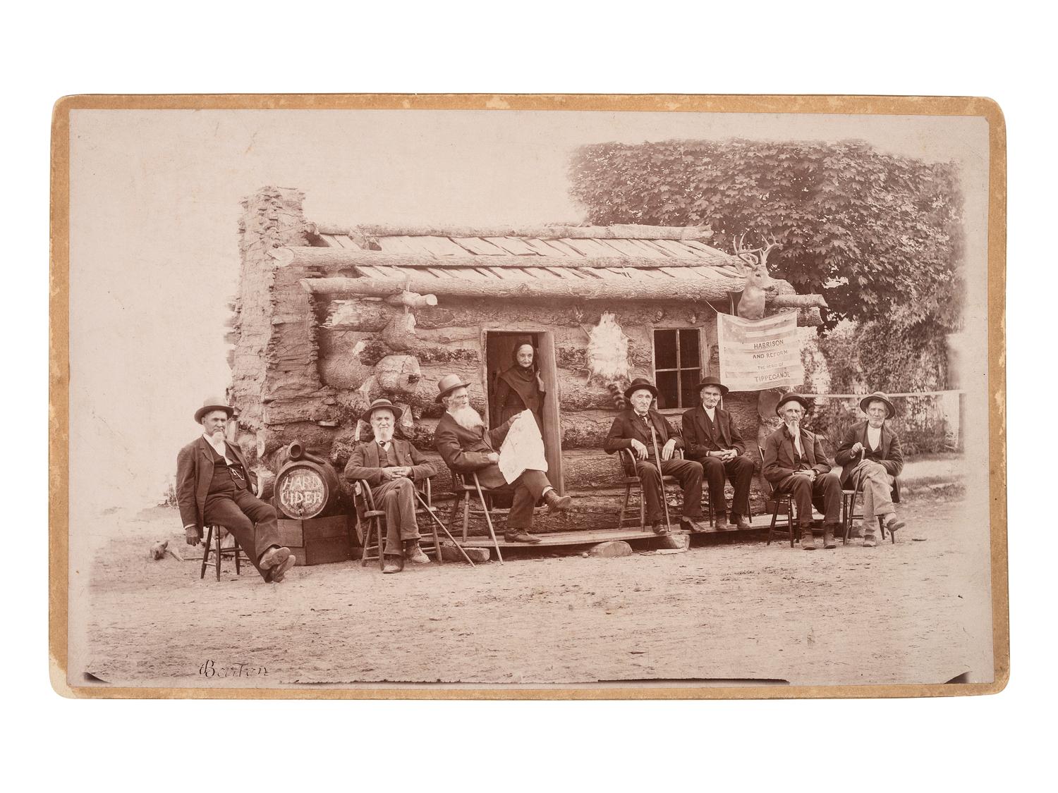 [HARRISON, Benjamin]. Albumen group portraits of Benjamin Harrison supporters posed with log cabins.