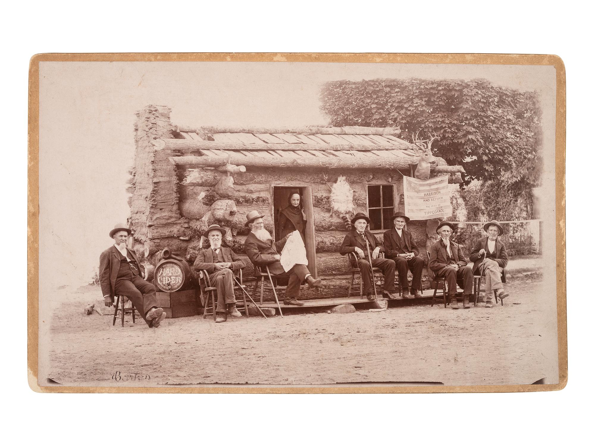[HARRISON, Benjamin]. Albumen group portraits of Benjamin Harrison supporters posed with log cabins.