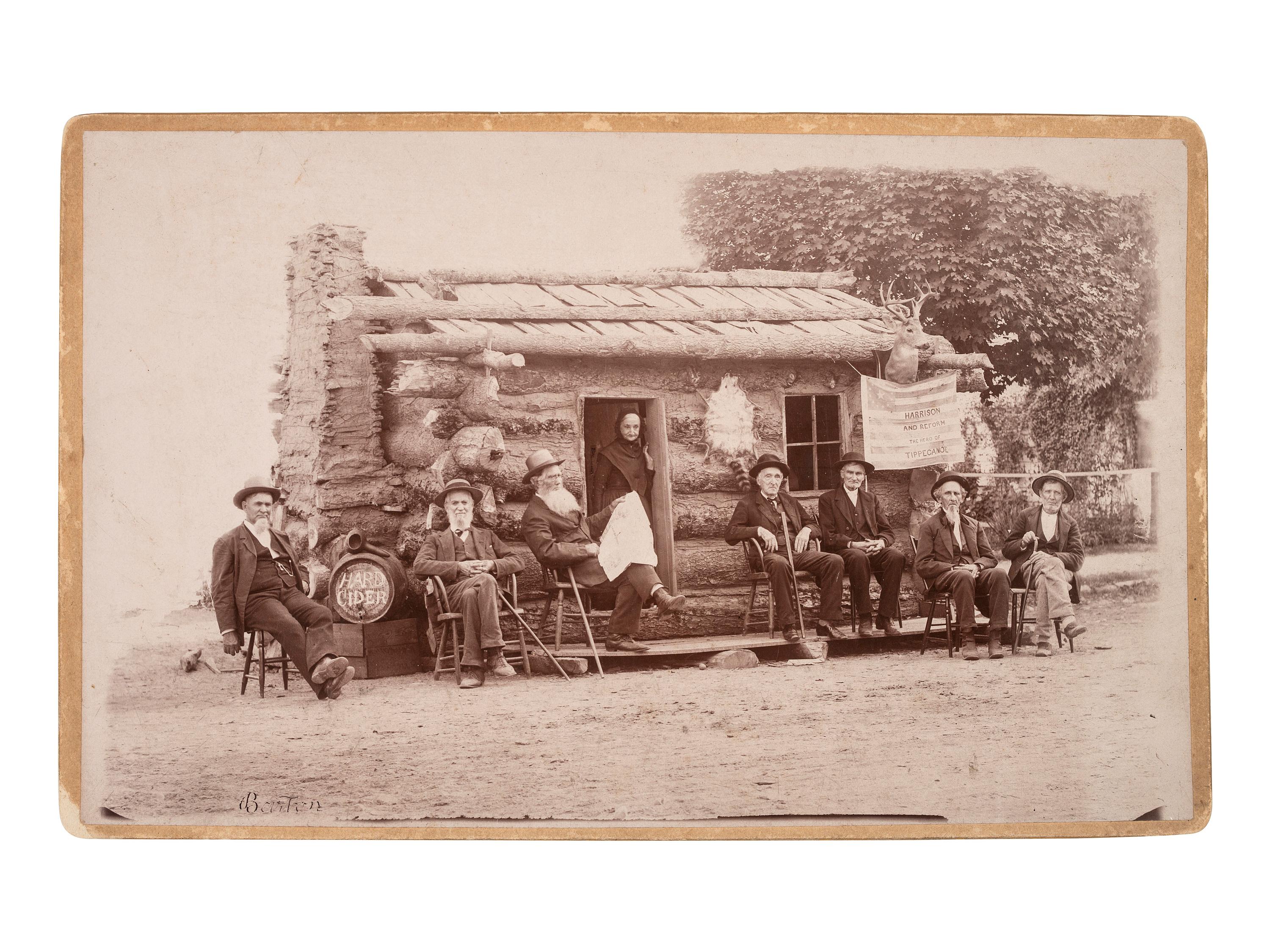 [HARRISON, Benjamin]. Albumen group portraits of Benjamin Harrison supporters posed with log cabins.