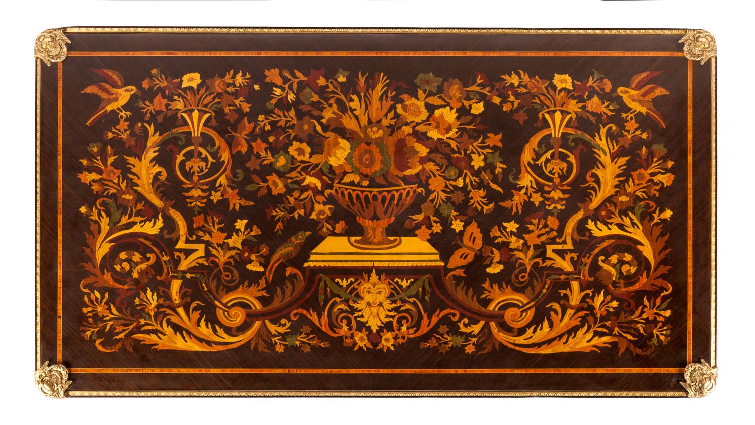 A Louis XV Style Marquetry and Gilt Bronze Mounted Bureau Plat Height 31 1/2 x width 51 x depth 28 inches.