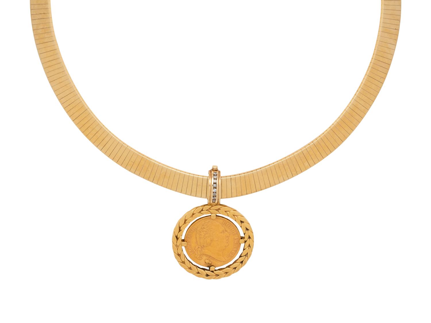 YELLOW GOLD, COIN AND DIAMOND PENDANT/NECKLACE