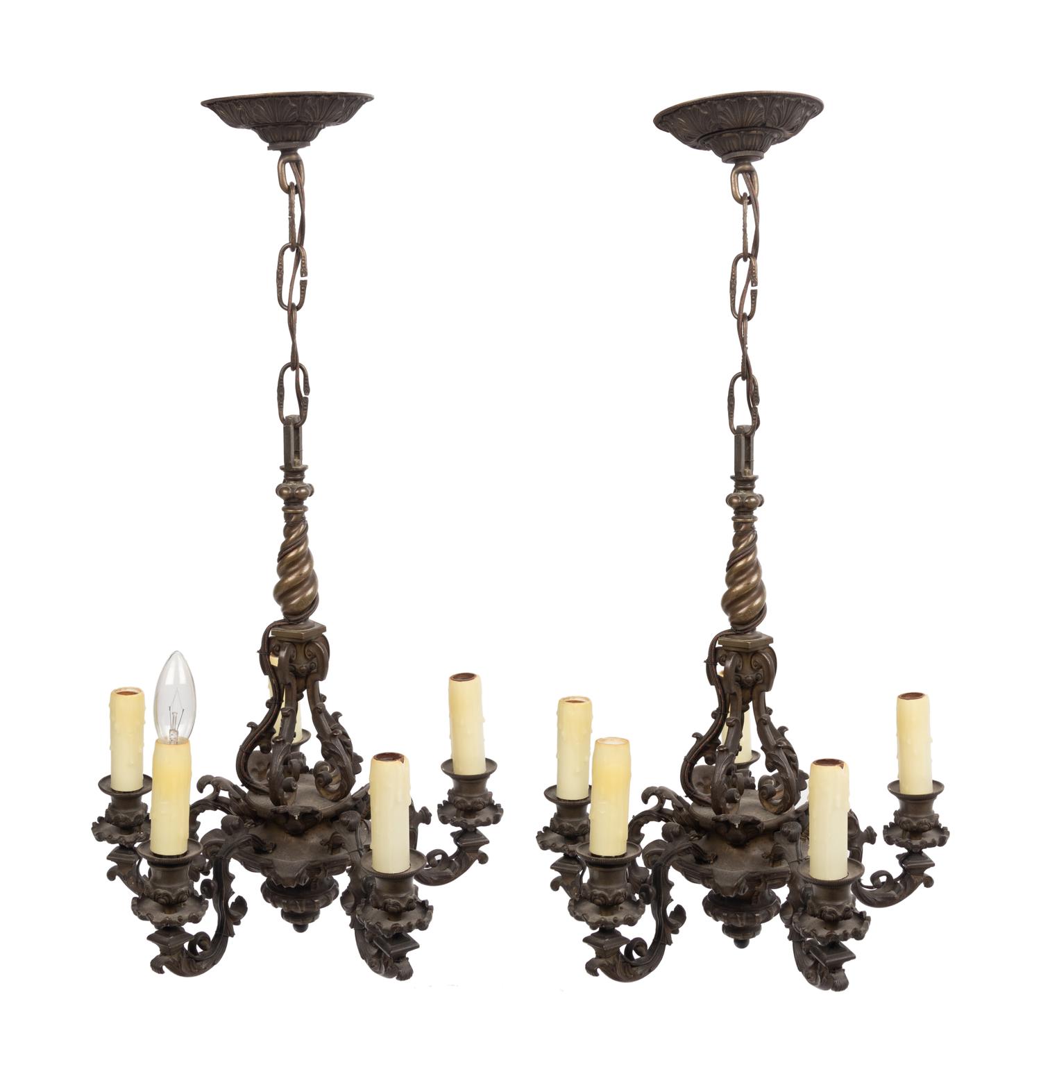 A Pair of Continental Bronze Five-Light Chandeliers