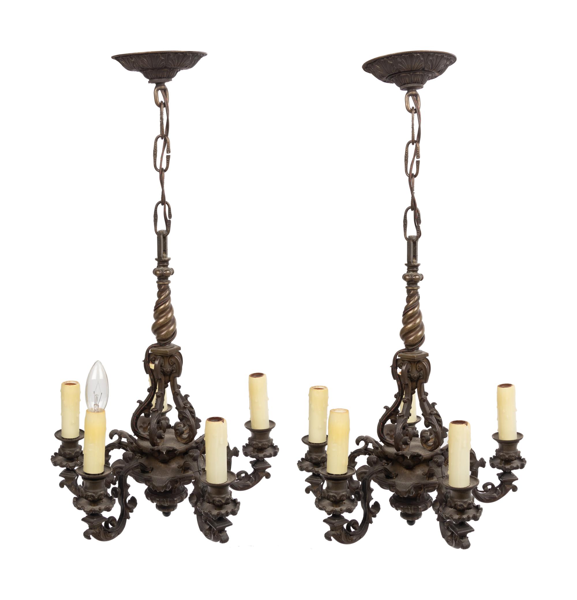 A Pair of Continental Bronze Five-Light Chandeliers