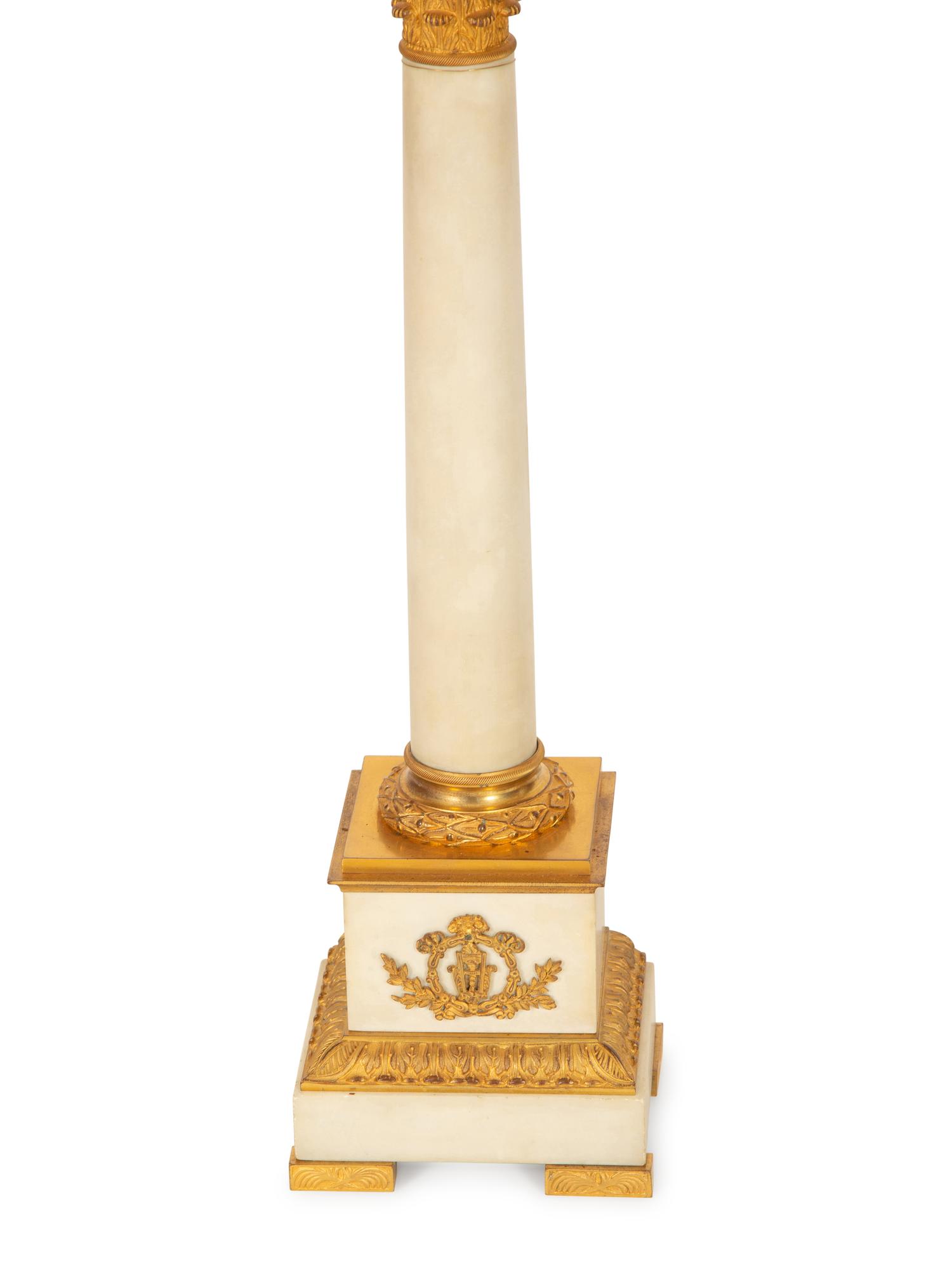 A Pair of Gilt Bronze Mounted White Marble Columnar Table Lamps