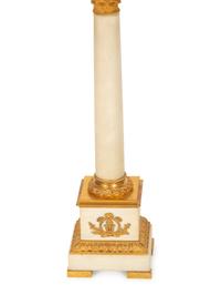 A Pair of Gilt Bronze Mounted White Marble Columnar Table Lamps