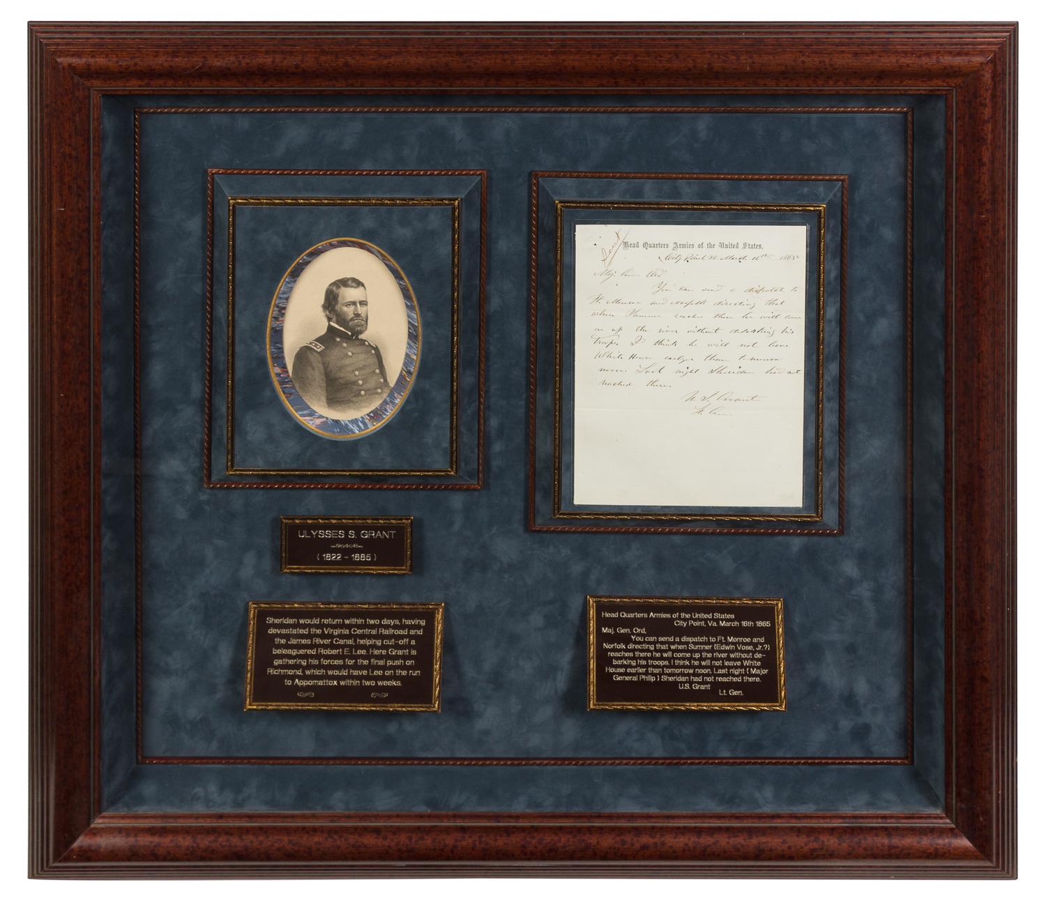 GRANT, Ulysses S. (1822-1885). Autographed letter signed ("U.S. Grant Lt. Gen."), to Edward Otho Cresap Ord, 16 March 1865.
