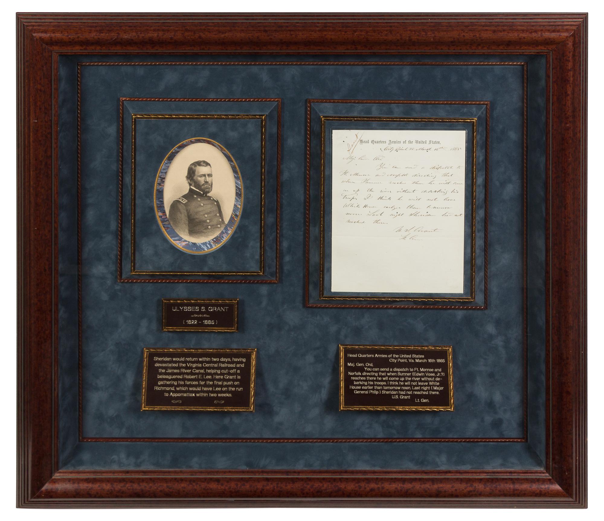 GRANT, Ulysses S. (1822-1885). Autographed letter signed ("U.S. Grant Lt. Gen."), to Edward Otho Cresap Ord, 16 March 1865.