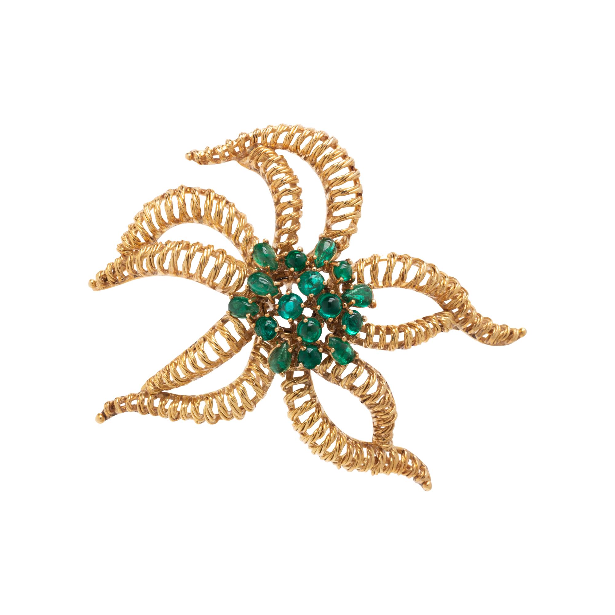 YELLOW GOLD AND EMERALD BROOCH