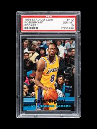 A 1996-97 Topps Stadium Club Rookies 1 Kobe Bryant Rookie Basketball Card No. R12 (PSA 10 GEM MINT)
