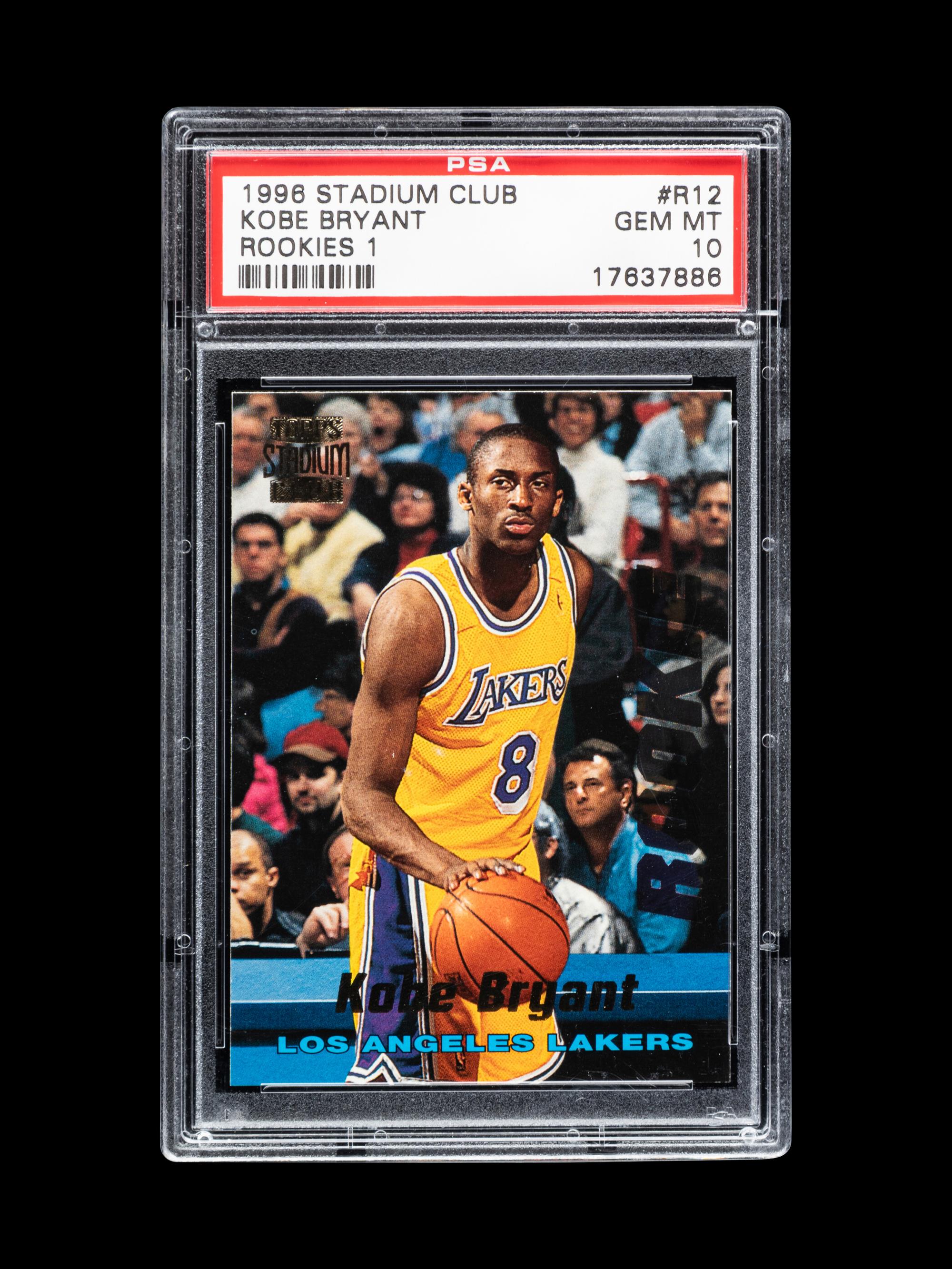 A 1996-97 Topps Stadium Club Rookies 1 Kobe Bryant Rookie Basketball Card No. R12 (PSA 10 GEM MINT)