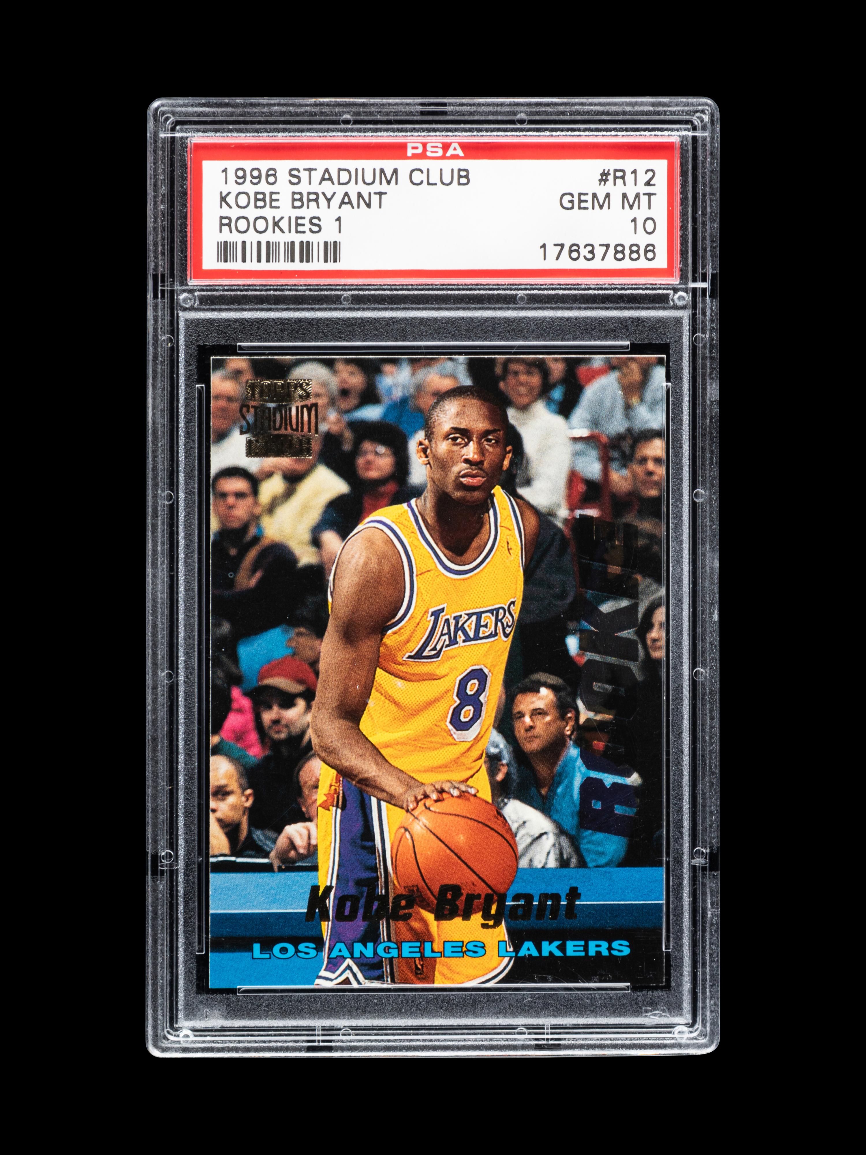 A 1996-97 Topps Stadium Club Rookies 1 Kobe Bryant Rookie Basketball Card No. R12 (PSA 10 GEM MINT)