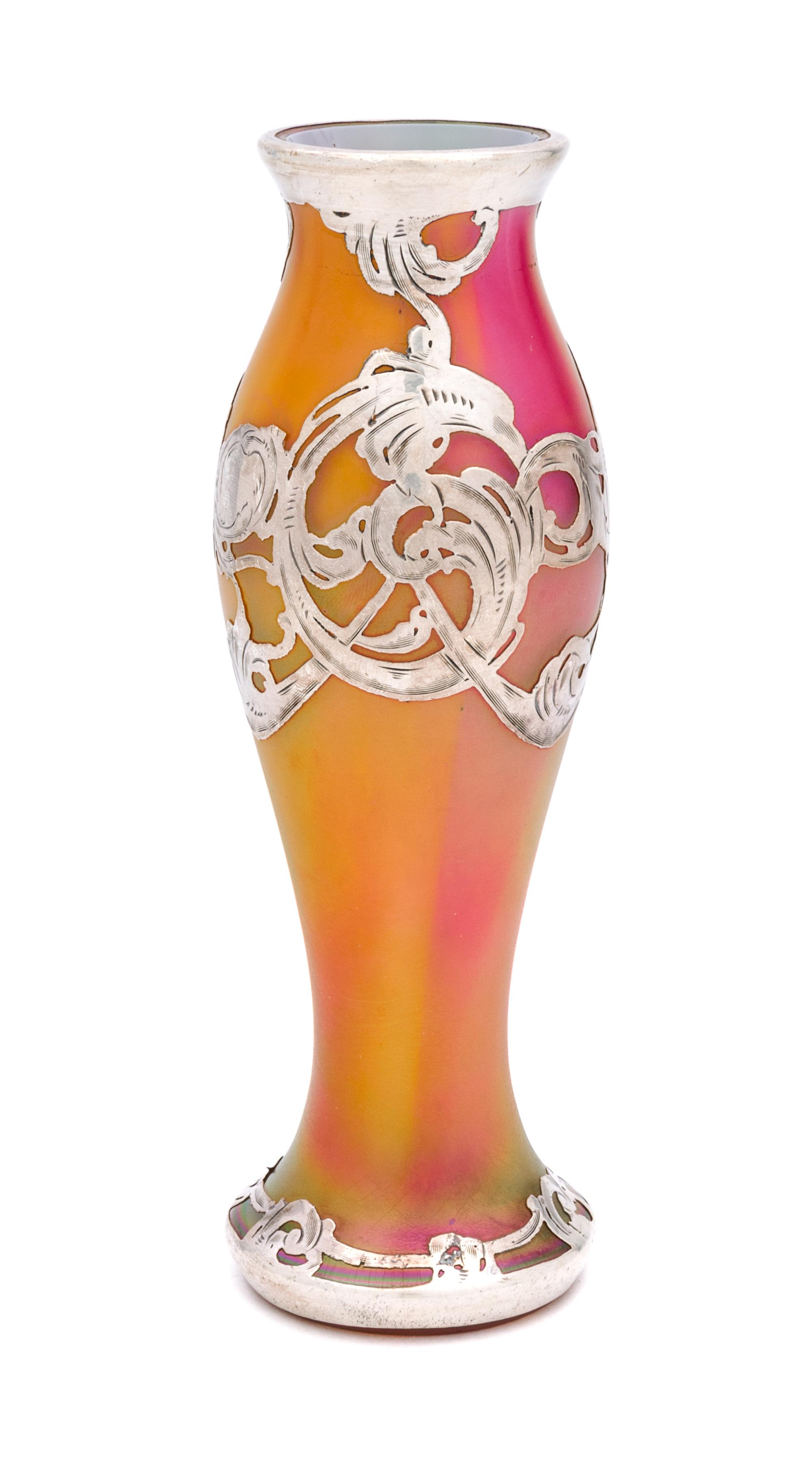 A Loetz Silver Overlay Glass Vase Height 7 inches.