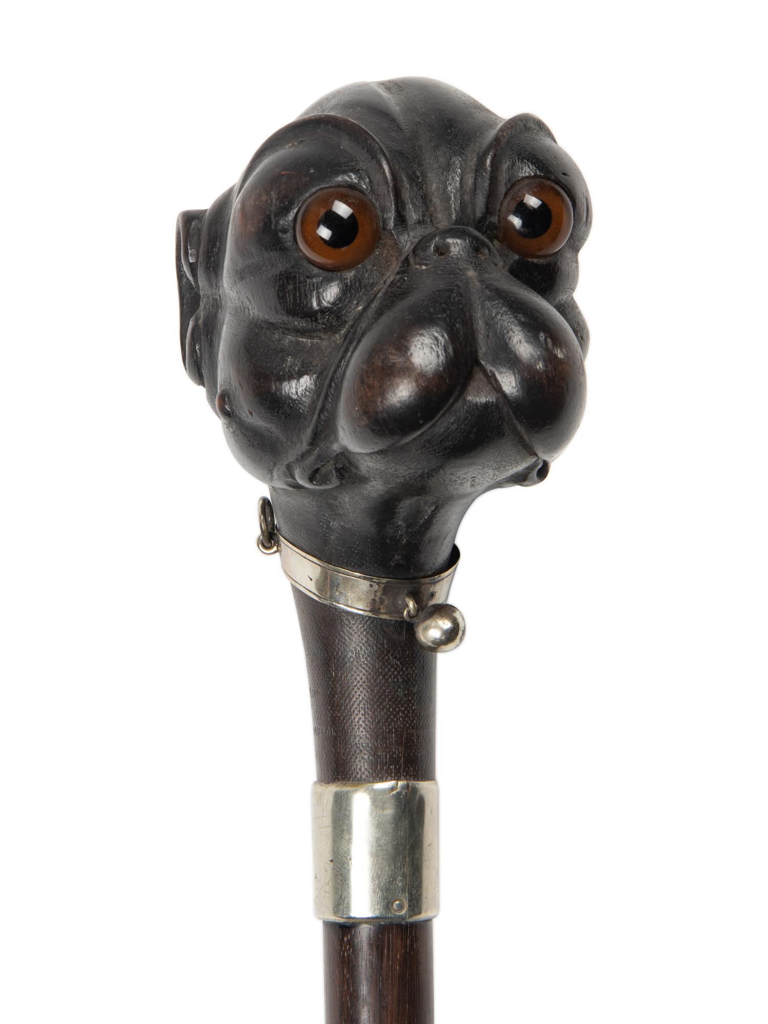A French Glass-Inset Carved Wood Terrier-Head Walking Stick