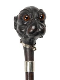 A French Glass-Inset Carved Wood Terrier-Head Walking Stick