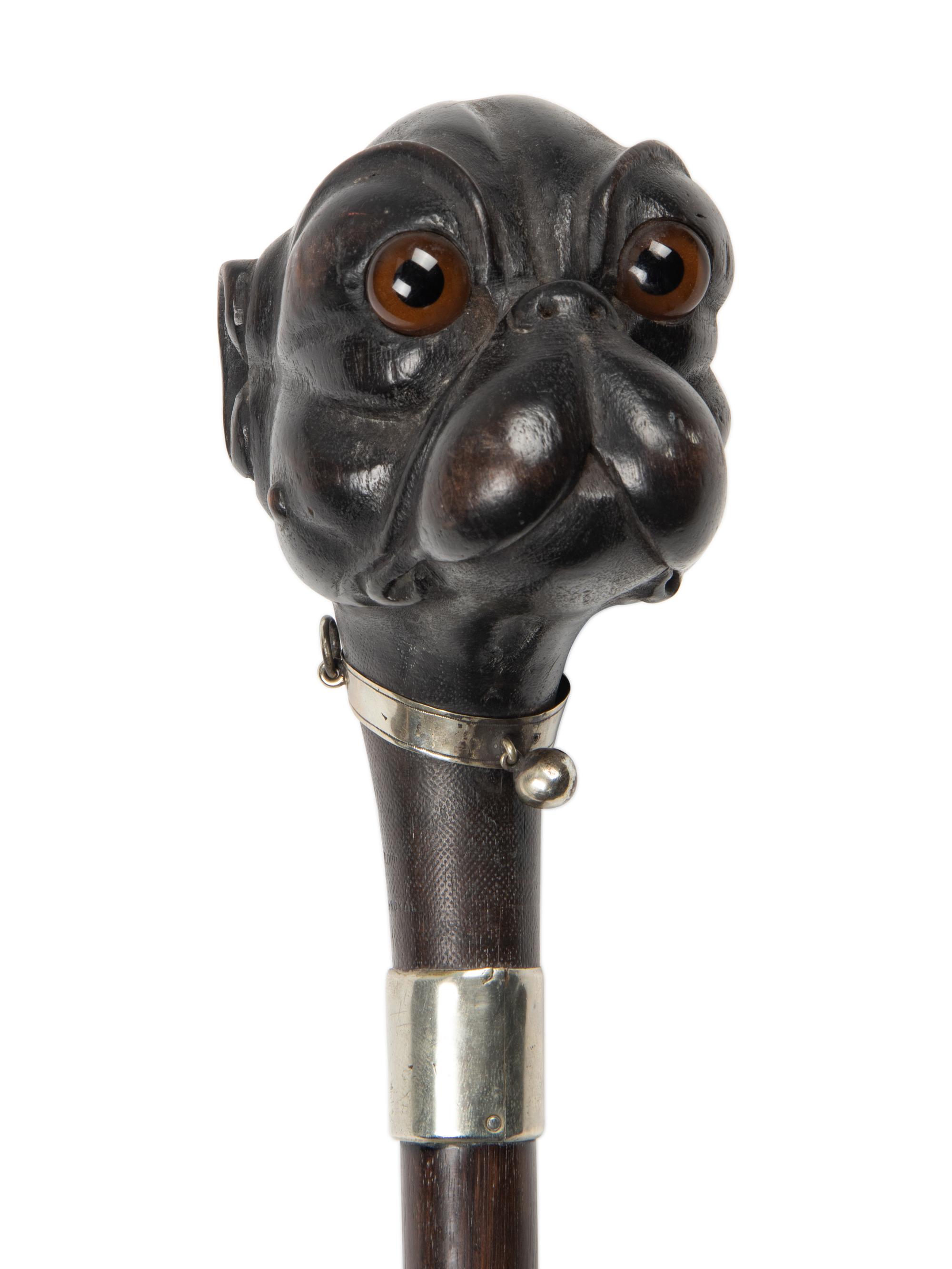 A French Glass-Inset Carved Wood Terrier-Head Walking Stick