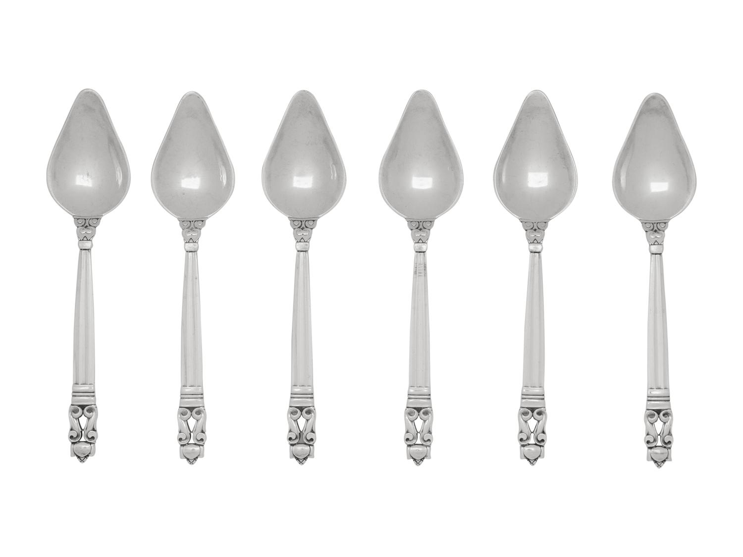 A Set of Six Georg Jensen Acorn Silver Grapefruit Spoons