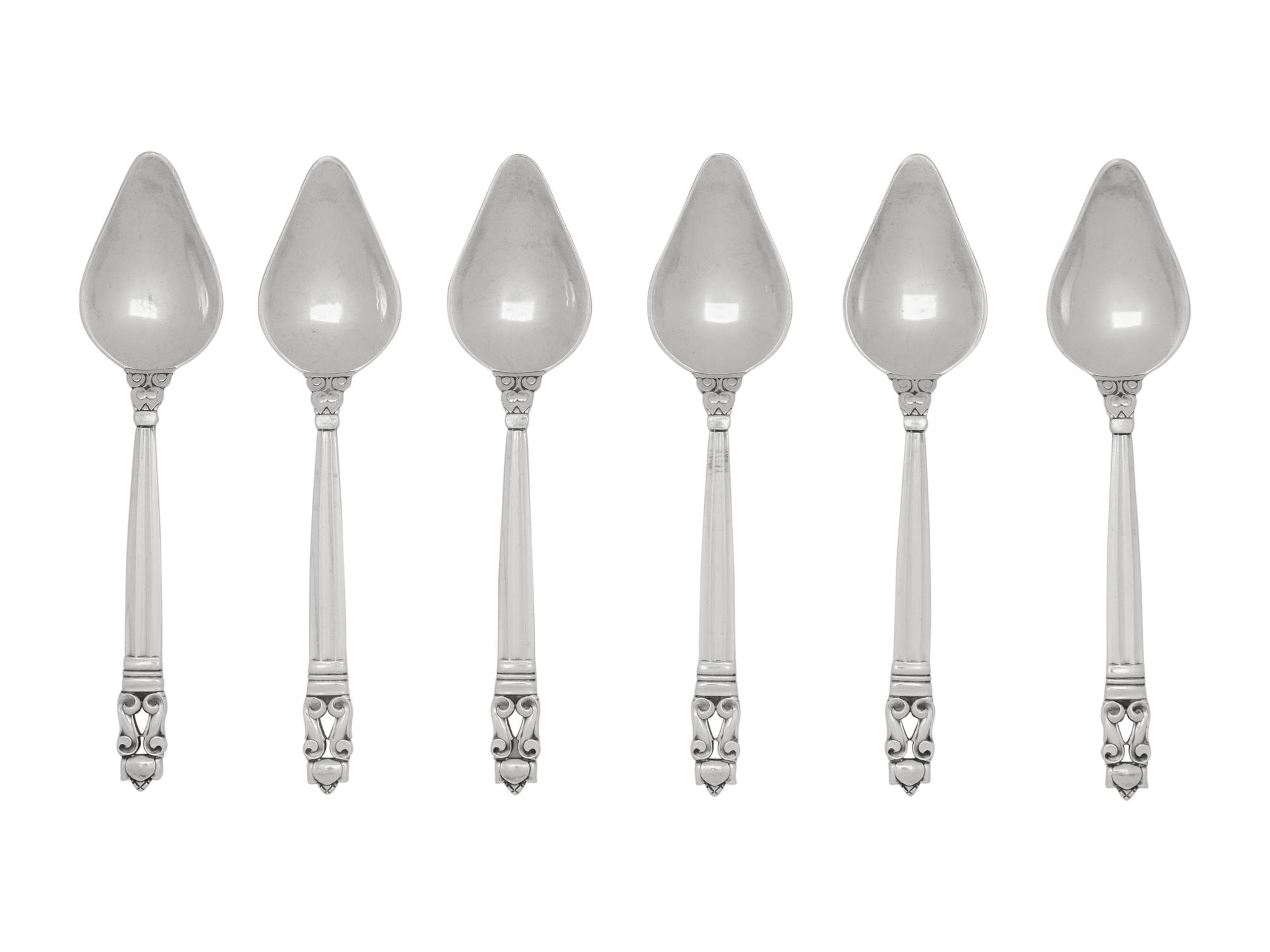A Set of Six Georg Jensen Acorn Silver Grapefruit Spoons