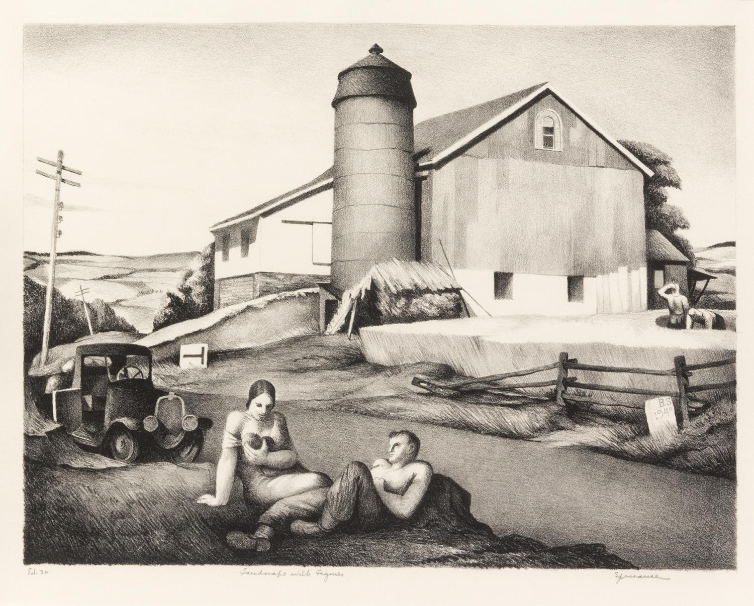 Benton Spruance, (American, 1904-1967), Landscape with Figures, 1940
