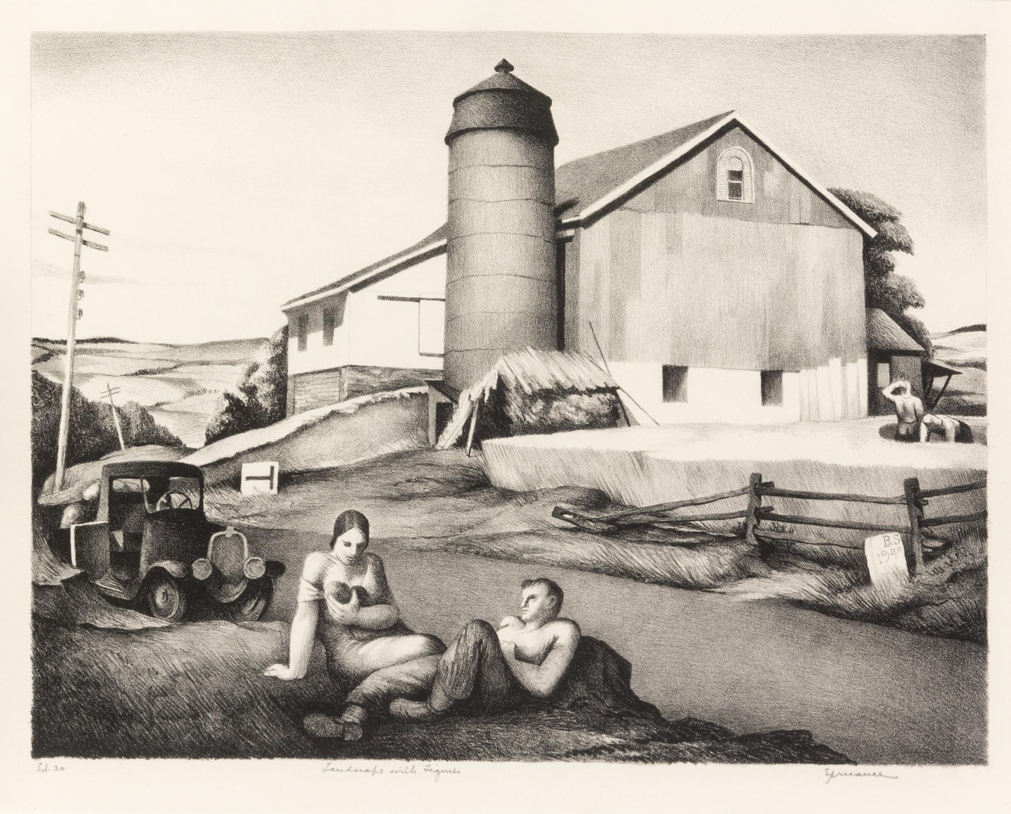 Benton Spruance, (American, 1904-1967), Landscape with Figures, 1940