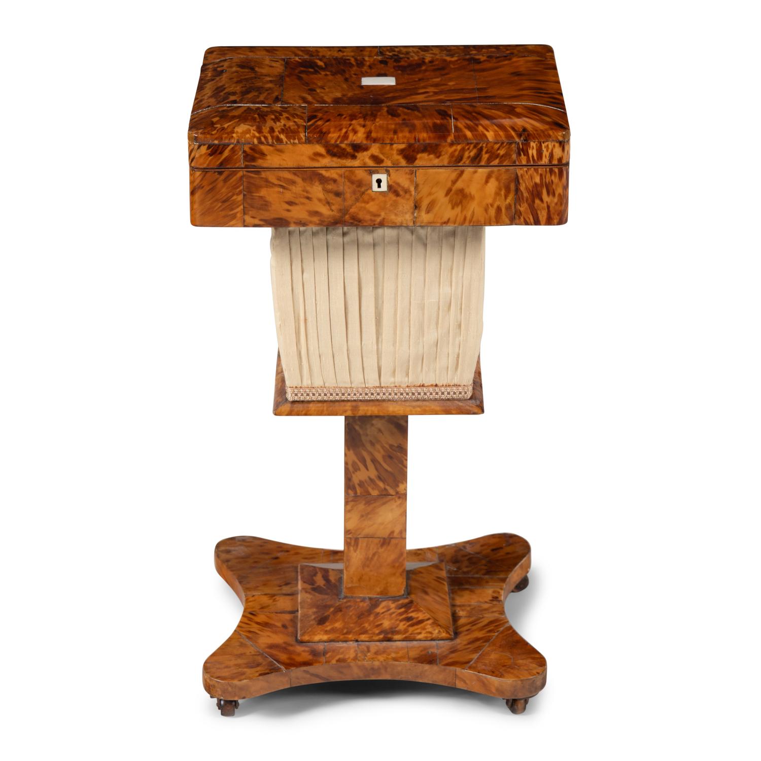 An English Tortoise Shell Veneered Needlework Box on Stand
