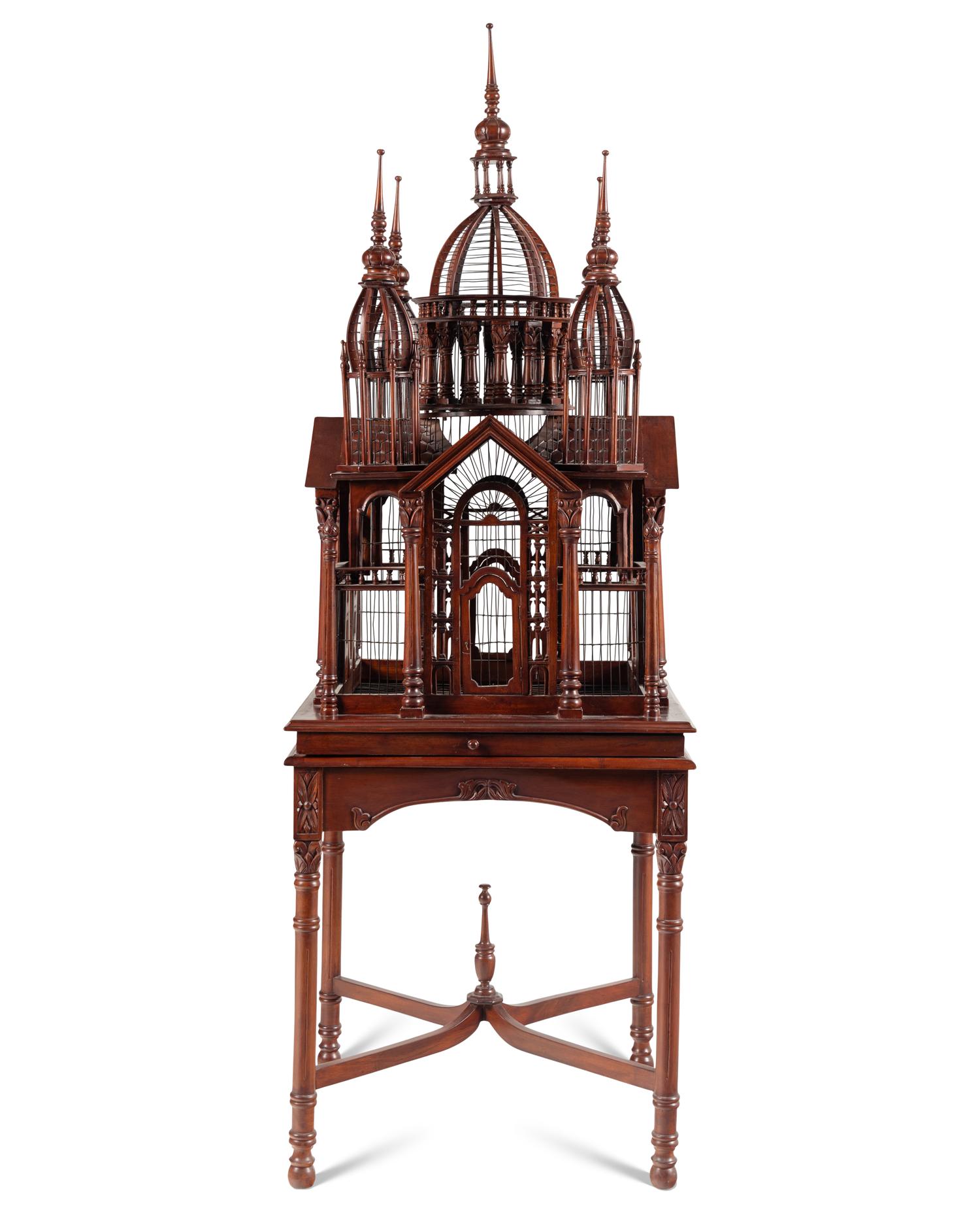 A Continental Mahogany Birdcage on Stand