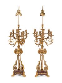 A Pair of Louis XVI Style Gilt Metal and Marble Seven-Light Candelabra Mounted as Lamps