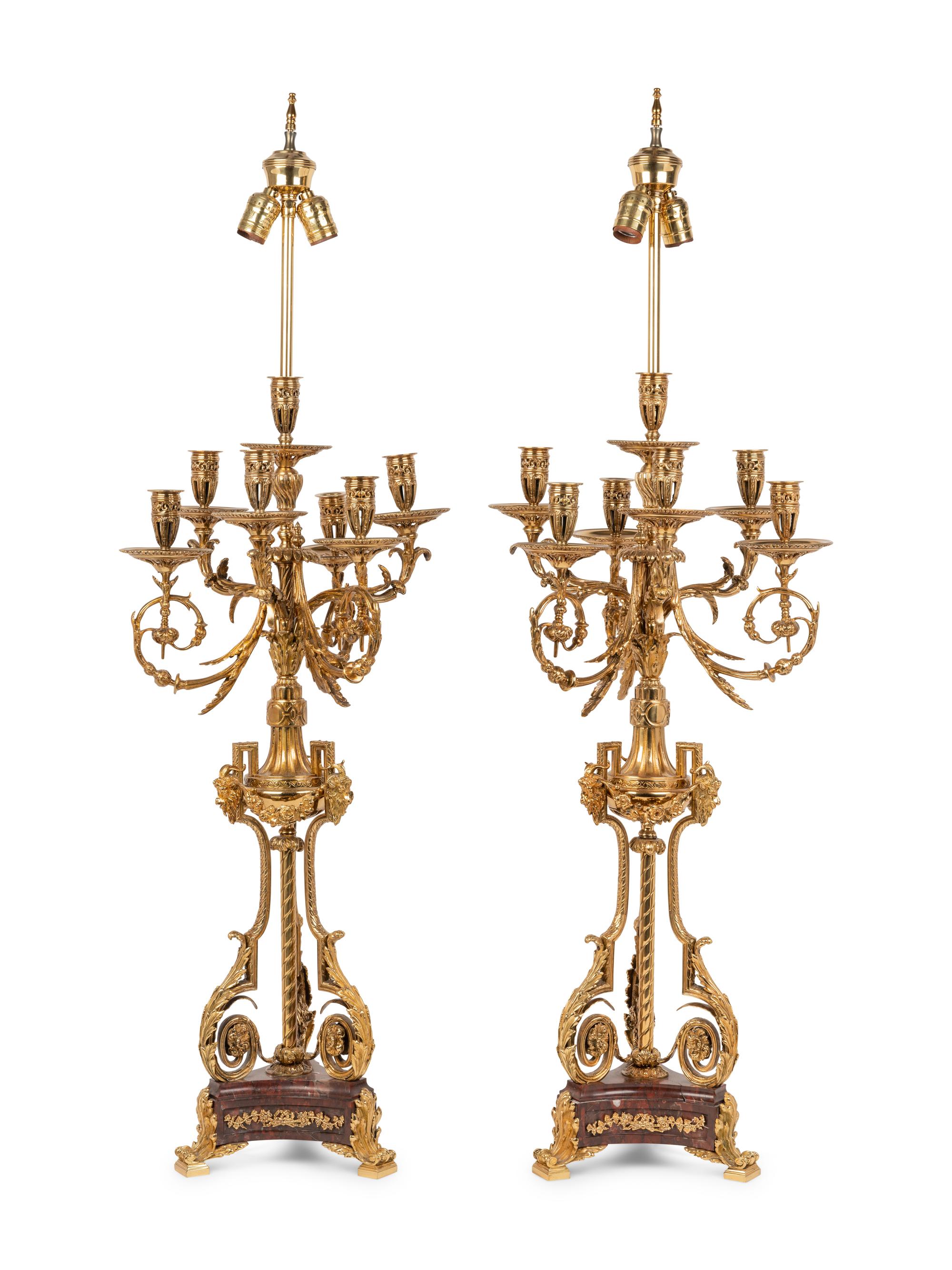 A Pair of Louis XVI Style Gilt Metal and Marble Seven-Light Candelabra Mounted as Lamps