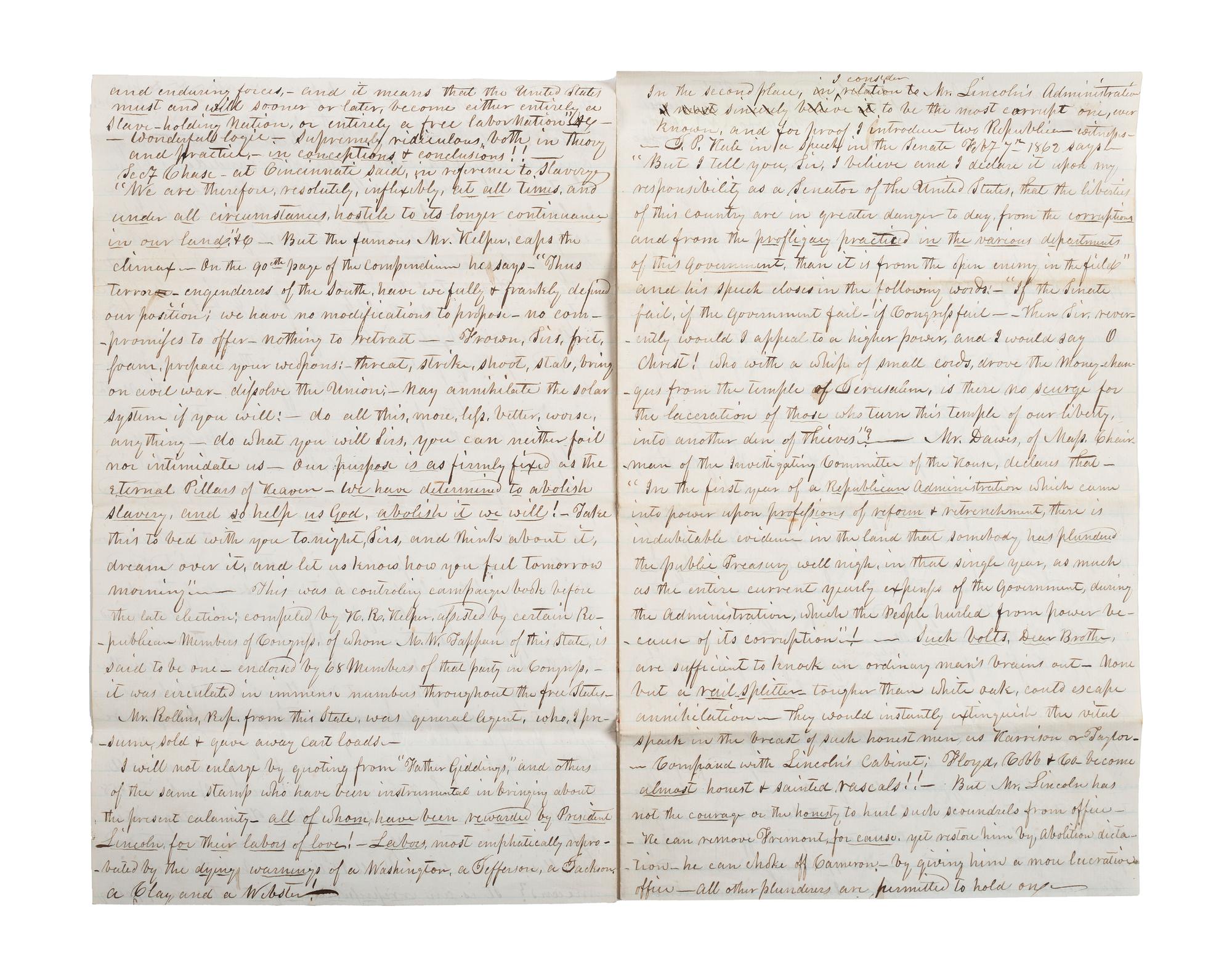 [SLAVERY & ABOLITION] -- [CIVIL WAR]. 10-page letter with extensive pro-Union and pro-slavery sentiments. Unity, [NH?], 30 May 1862.
