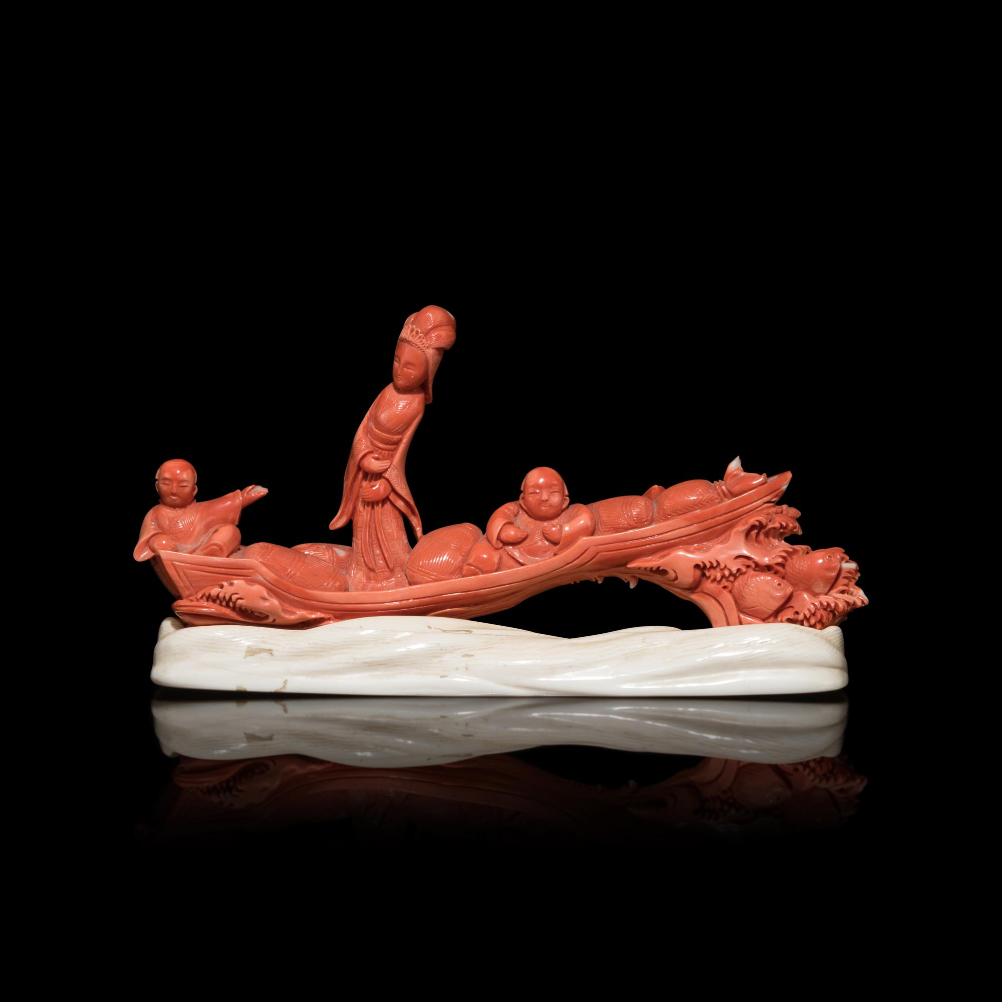 A Chinese Red Coral Carving of a Lady and Two Boys, 19th Century 清晚期 珊瑚雕仙女童子汎舟擺件