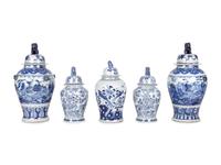 Five Blue and White Ceramic Covered Jars