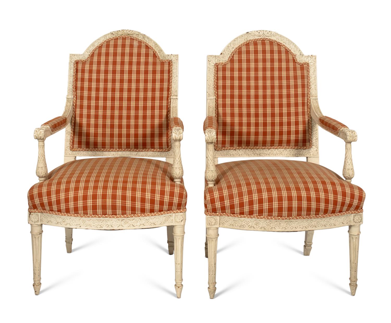 A Pair of Louis XVI Style Cream-Painted Fauteuils