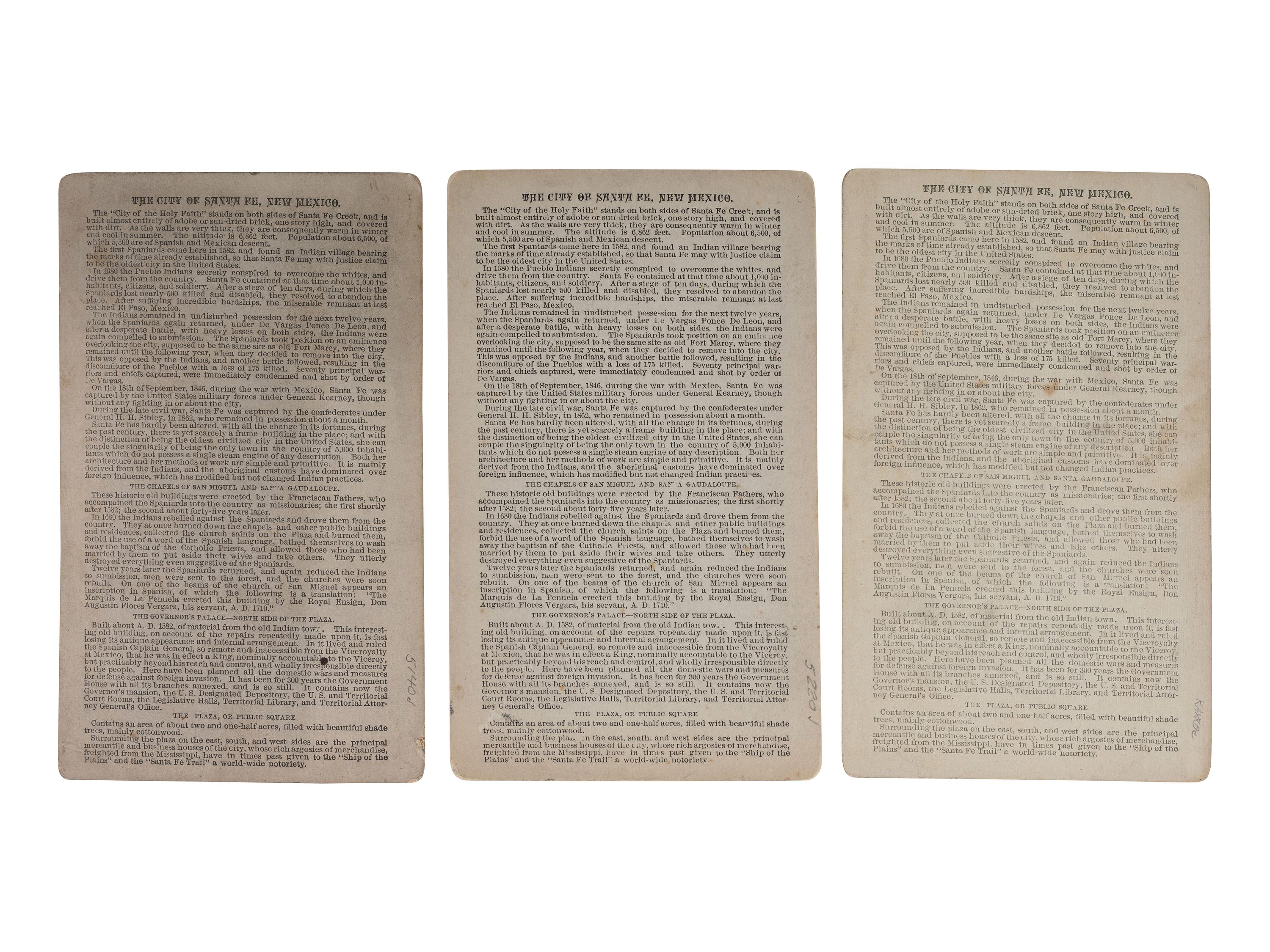 [NEW MEXICO]. BROWN, W. Henry, photographer. A group of 3 stereoviews of Santa Fe, incl. Santa Fe And Vicinity. Eastern part of city from old Fort Marcy . Santa Fe, NM.