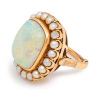 A Yellow Gold, Opal and Cultured Pearl Ring,