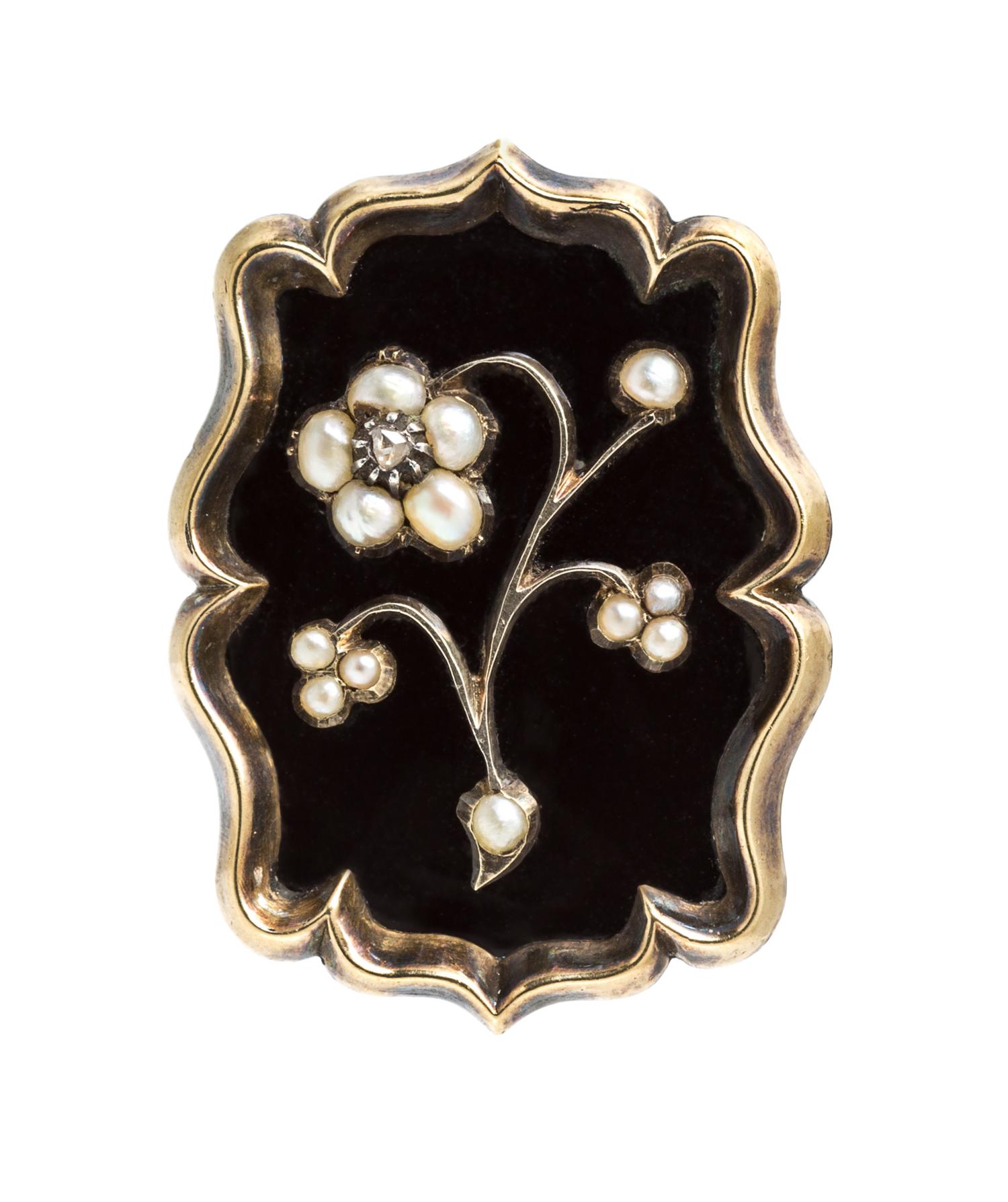 An Antique Yellow Gold, Onyx, Seed Pearl and Diamond Lover's Eye Brooch, 3.20 dwts.