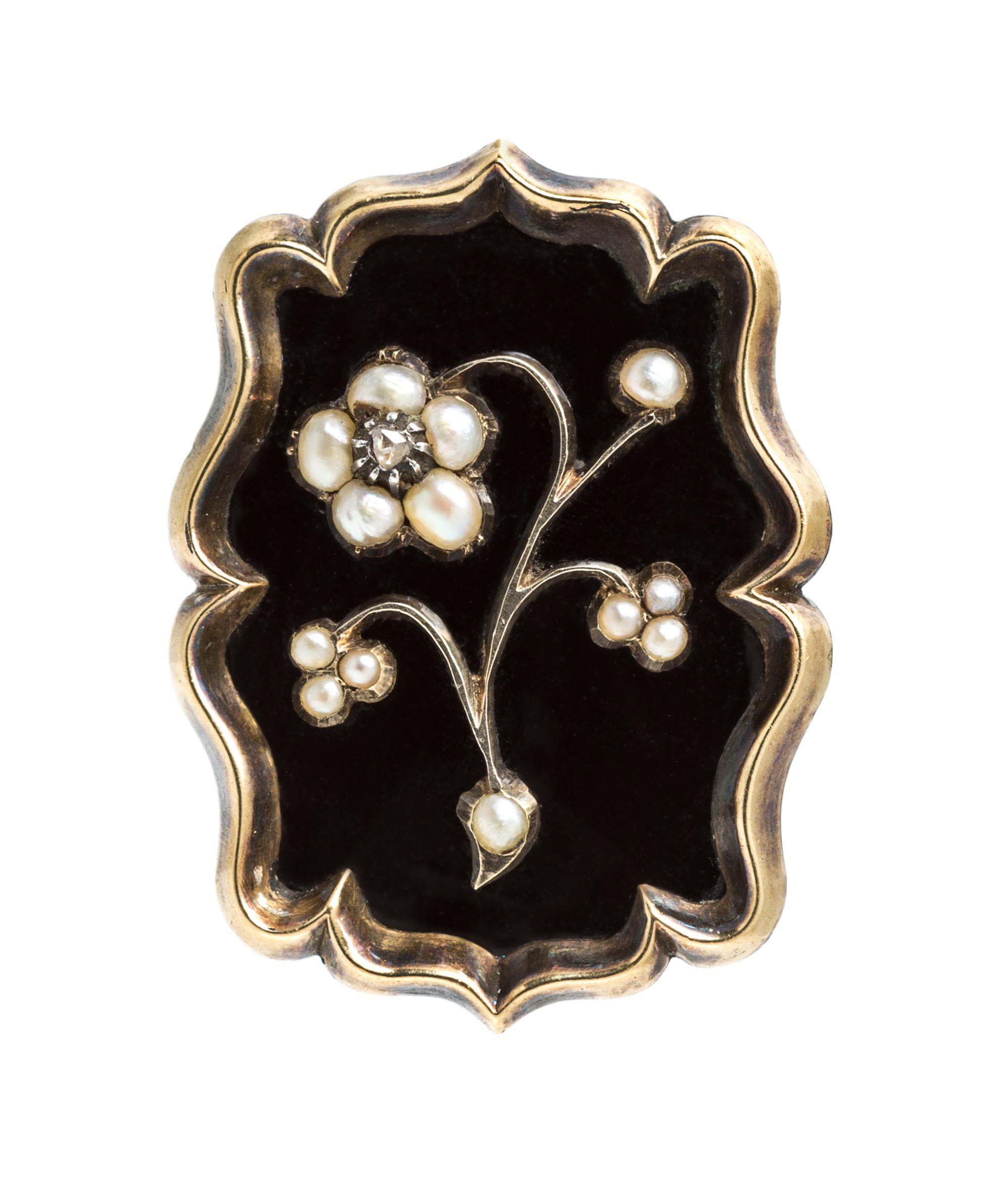 An Antique Yellow Gold, Onyx, Seed Pearl and Diamond Lover's Eye Brooch, 3.20 dwts.