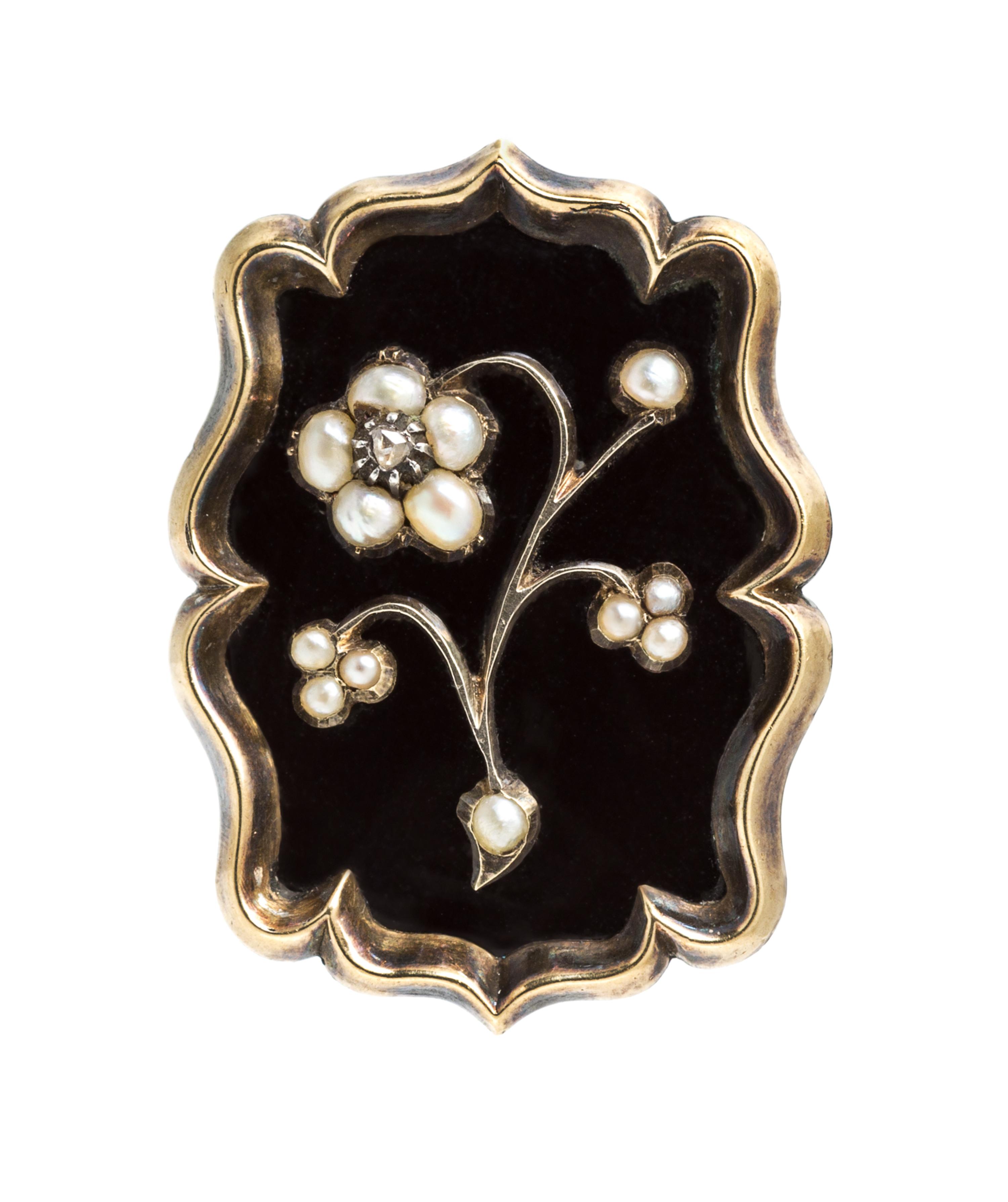 An Antique Yellow Gold, Onyx, Seed Pearl and Diamond Lover's Eye Brooch, 3.20 dwts.