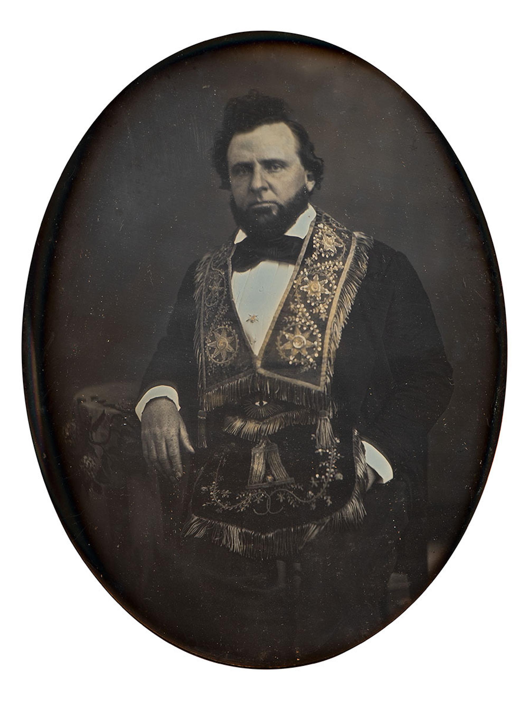 [EARLY PHOTOGRAPHY]. Whole plate daguerreotype of a masonic subject housed in original frame.